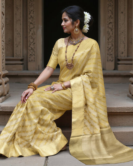 Golden Diagonal Checks Zari Weave Pure Tissue Silk Kanjeevaram Saree, 5.5 Meters with Blouse Piece, Handwoven from India-D22734