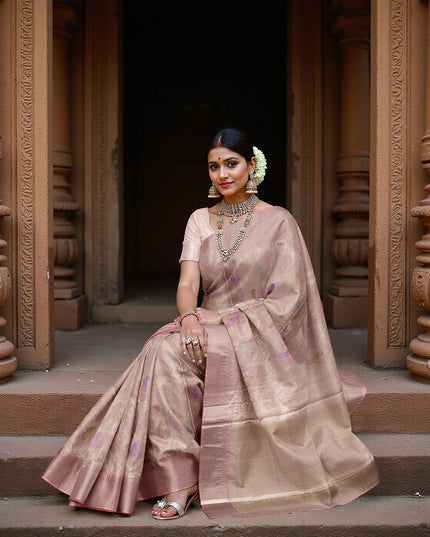 ساري كانجيفارام من الحرير الخالص من داستي روز زاري، منسوج يدويًا من الهند، بطول 5.5 متر مع قطعة بلوزة - D22735