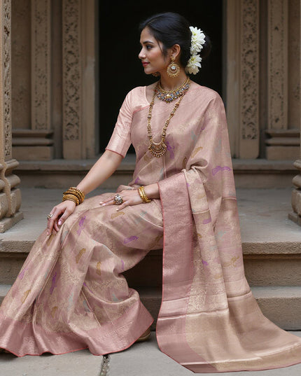 ساري كانجيفارام من الحرير الخالص من داستي روز زاري، منسوج يدويًا من الهند، بطول 5.5 متر مع قطعة بلوزة - D22735