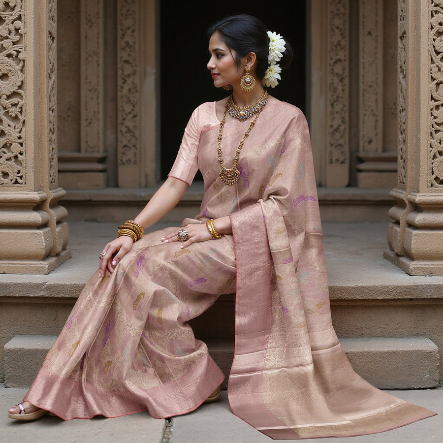 ساري كانجيفارام من الحرير الخالص من داستي روز زاري، منسوج يدويًا من الهند، بطول 5.5 متر مع قطعة بلوزة - D22735