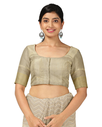 ساري كانجيفارام من الحرير الخالص، منسوج يدويًا من قماش زاري بلون كريمي عاجي، بطول 5.5 متر مع بلوزة، من الهند - D22736