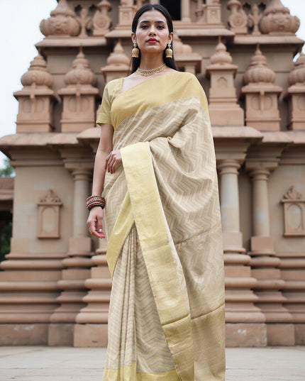 ساري كانجيفارام من الحرير الخالص، منسوج يدويًا من قماش زاري بلون كريمي عاجي، بطول 5.5 متر مع بلوزة، من الهند - D22736