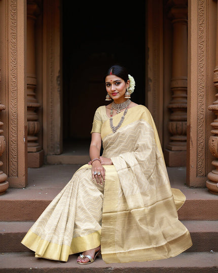 ساري كانجيفارام من الحرير الخالص، منسوج يدويًا من قماش زاري بلون كريمي عاجي، بطول 5.5 متر مع بلوزة، من الهند - D22736