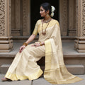 ساري كانجيفارام من الحرير الخالص، منسوج يدويًا من قماش زاري بلون كريمي عاجي، بطول 5.5 متر مع بلوزة، من الهند - D22736