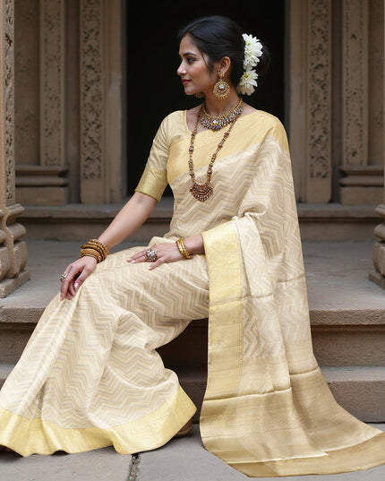 ساري كانجيفارام من الحرير الخالص، منسوج يدويًا من قماش زاري بلون كريمي عاجي، بطول 5.5 متر مع بلوزة، من الهند - D22736