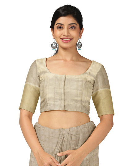 ساري كانجيفارام من الحرير الخالص، منسوج يدويًا من قماش زاري دائري رقيق باللون البيج الذهبي، بطول 5.5 متر مع قطعة بلوزة، من الهند - D22737