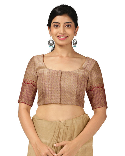 ساري كانجيفارام حريري نقي منسوج بحدود زهرية باللون البيج الذهبي، بطول 5.5 متر مع قطعة بلوزة، منسوج يدويًا من الهند - D22738