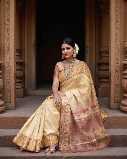 ساري كانجيفارام حريري نقي منسوج بحدود زهرية باللون البيج الذهبي، بطول 5.5 متر مع قطعة بلوزة، منسوج يدويًا من الهند - D22738