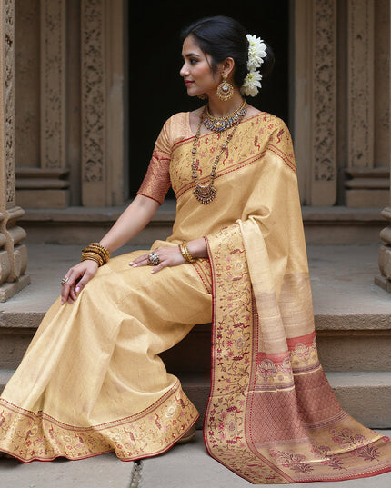 ساري كانجيفارام حريري نقي منسوج بحدود زهرية باللون البيج الذهبي، بطول 5.5 متر مع قطعة بلوزة، منسوج يدويًا من الهند - D22738