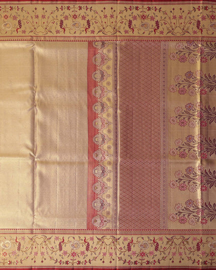 ساري كانجيفارام حريري نقي منسوج بحدود زهرية باللون البيج الذهبي، بطول 5.5 متر مع قطعة بلوزة، منسوج يدويًا من الهند - D22738