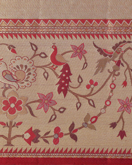 ساري كانجيفارام حريري نقي منسوج بحدود زهرية باللون البيج الذهبي، بطول 5.5 متر مع قطعة بلوزة، منسوج يدويًا من الهند - D22738