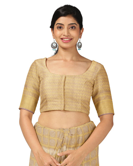 ساري كانجيفارام من الحرير الخالص، منقوش بنقشة مربعات ذهبية، بطول 5.5 متر مع قطعة بلوزة، منسوج يدويًا من الهند - D22739