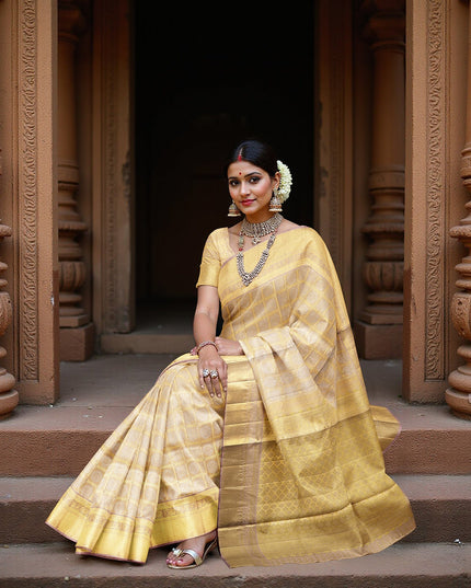 ساري كانجيفارام من الحرير الخالص، منقوش بنقشة مربعات ذهبية، بطول 5.5 متر مع قطعة بلوزة، منسوج يدويًا من الهند - D22739