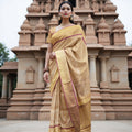 Golden Floral Zari Brocade Pure Silk Kanjeevaram Saree, 5.5 Meters with Blouse Piece, Handwoven from India-D22740