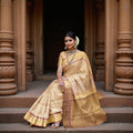 Golden Floral Zari Brocade Pure Silk Kanjeevaram Saree, 5.5 Meters with Blouse Piece, Handwoven from India-D22740
