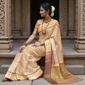 Golden Floral Zari Brocade Pure Silk Kanjeevaram Saree, 5.5 Meters with Blouse Piece, Handwoven from India-D22740