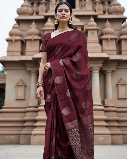 Maroon Circular Zari Butta Pure Soft Silk Saree, 5.5 Meters with Blouse Piece, Handwoven from India-D22742
