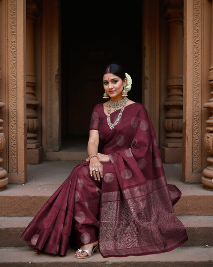 Maroon Circular Zari Butta Pure Soft Silk Saree, 5.5 Meters with Blouse Piece, Handwoven from India-D22742