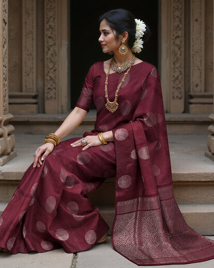 Maroon Circular Zari Butta Pure Soft Silk Saree, 5.5 Meters with Blouse Piece, Handwoven from India-D22742