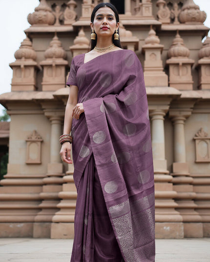 Purple Circular Zari Butta Pure Soft Silk Saree, 5.5 Meters with Blouse Piece, Handwoven from India-D22743