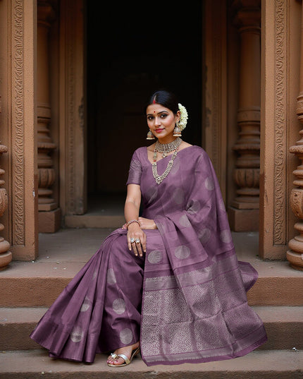 Purple Circular Zari Butta Pure Soft Silk Saree, 5.5 Meters with Blouse Piece, Handwoven from India-D22743