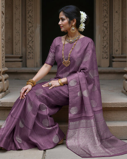 Purple Circular Zari Butta Pure Soft Silk Saree, 5.5 Meters with Blouse Piece, Handwoven from India-D22743