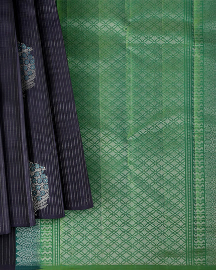 Midnight Blue Striped Body with Traditional Butta Motifs Pure Soft Silk Saree, 5.5 Meters with Blouse, Handwoven from India-D22744