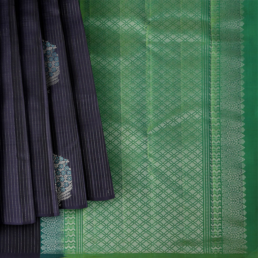 Midnight Blue Striped Body with Traditional Butta Motifs Pure Soft Silk Saree, 5.5 Meters with Blouse, Handwoven from India-D22744