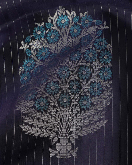 Midnight Blue Striped Body with Traditional Butta Motifs Pure Soft Silk Saree, 5.5 Meters with Blouse, Handwoven from India-D22744