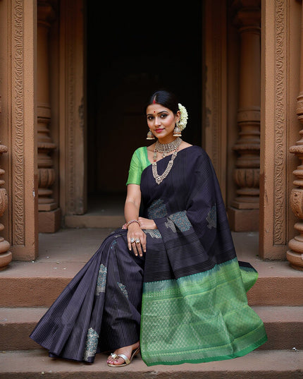 Midnight Blue Striped Body with Traditional Butta Motifs Pure Soft Silk Saree, 5.5 Meters with Blouse, Handwoven from India-D22744