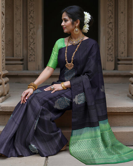 Midnight Blue Striped Body with Traditional Butta Motifs Pure Soft Silk Saree, 5.5 Meters with Blouse, Handwoven from India-D22744