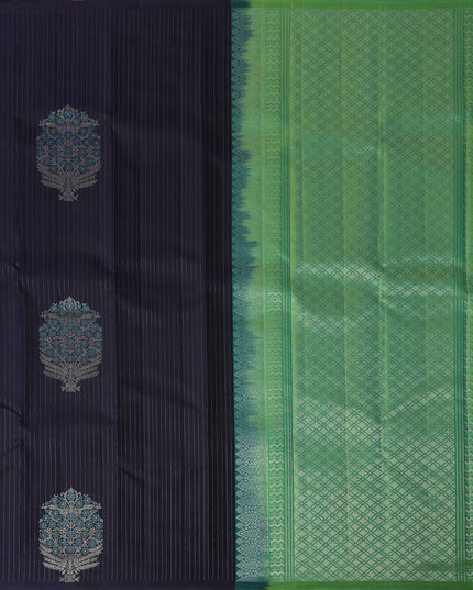 Midnight Blue Striped Body with Traditional Butta Motifs Pure Soft Silk Saree, 5.5 Meters with Blouse, Handwoven from India-D22744