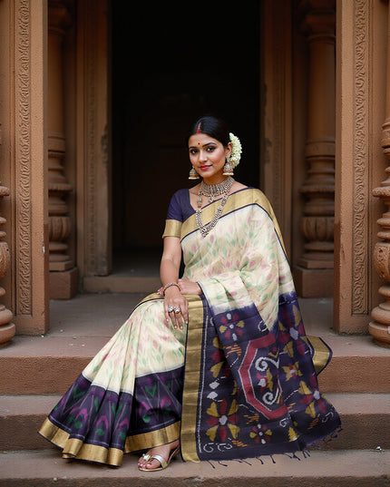 ساري عاجي بودي بطبعة إيكات متعددة الألوان ومطرز بنقشة بالو من الحرير الخالص باللون الأزرق الداكن، بطول 5.5 متر مع بلوزة، منسوج يدويًا من الهند - D22745