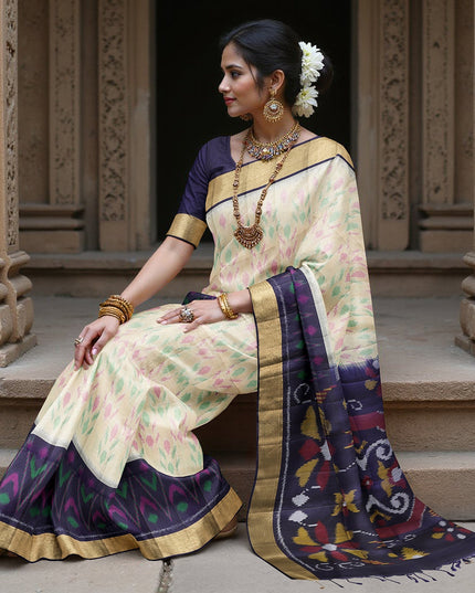 ساري عاجي بودي بطبعة إيكات متعددة الألوان ومطرز بنقشة بالو من الحرير الخالص باللون الأزرق الداكن، بطول 5.5 متر مع بلوزة، منسوج يدويًا من الهند - D22745