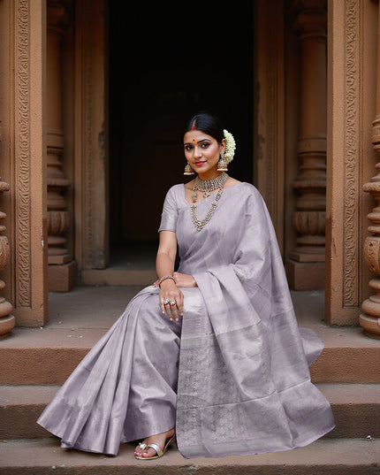Lavender Silver Zari Butta Weave Pure Soft Silk Saree, 5.5 Meters with Blouse, Handwoven from India-D22746
