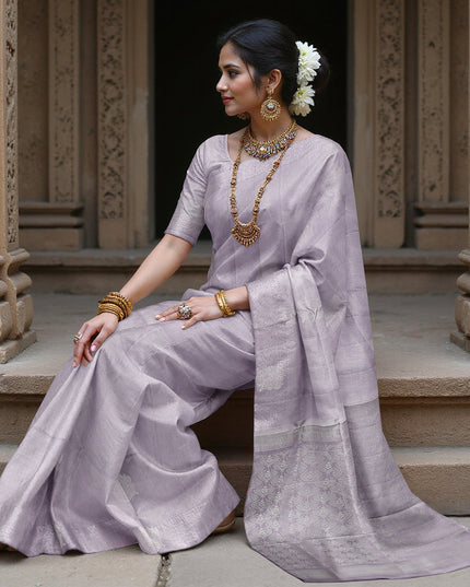 Lavender Silver Zari Butta Weave Pure Soft Silk Saree, 5.5 Meters with Blouse, Handwoven from India-D22746