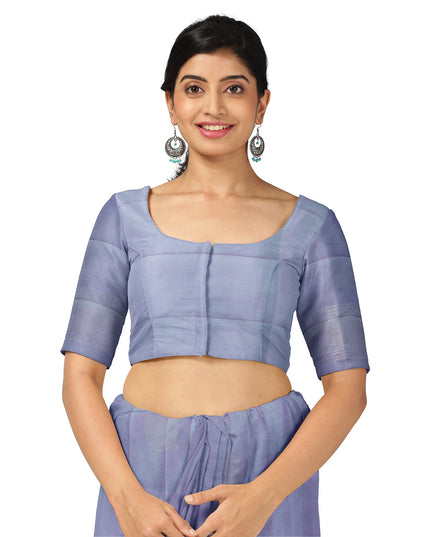 ساري حرير ناعم نقي من قماش زاري أزرق أرجواني فضي مزهر، بطول 5.5 متر مع بلوزة، منسوج يدويًا، الهند - D22747