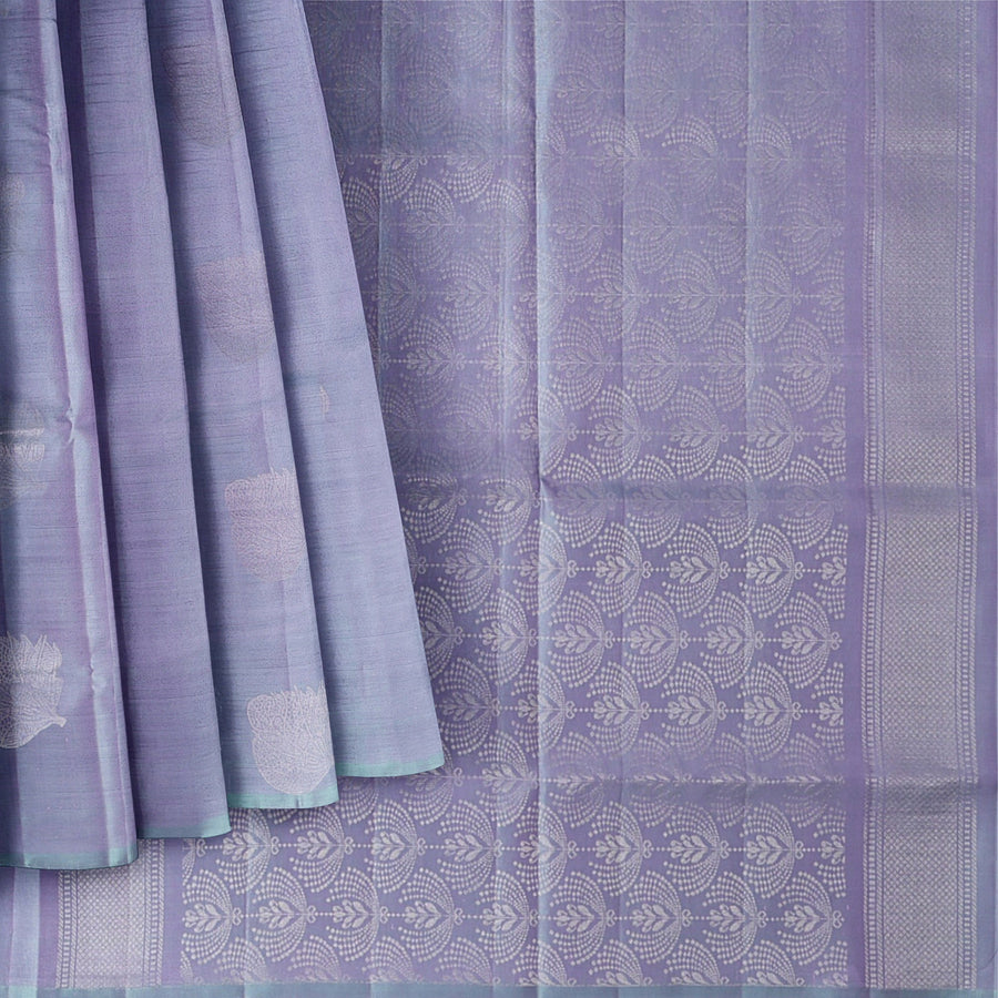 ساري حرير ناعم نقي من قماش زاري أزرق أرجواني فضي مزهر، بطول 5.5 متر مع بلوزة، منسوج يدويًا، الهند - D22747