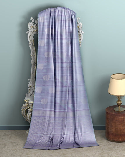 ساري حرير ناعم نقي من قماش زاري أزرق أرجواني فضي مزهر، بطول 5.5 متر مع بلوزة، منسوج يدويًا، الهند - D22747