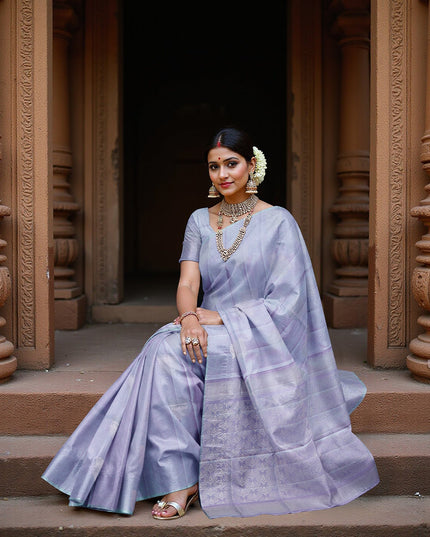 ساري حرير ناعم نقي من قماش زاري أزرق أرجواني فضي مزهر، بطول 5.5 متر مع بلوزة، منسوج يدويًا، الهند - D22747