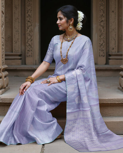 ساري حرير ناعم نقي من قماش زاري أزرق أرجواني فضي مزهر، بطول 5.5 متر مع بلوزة، منسوج يدويًا، الهند - D22747