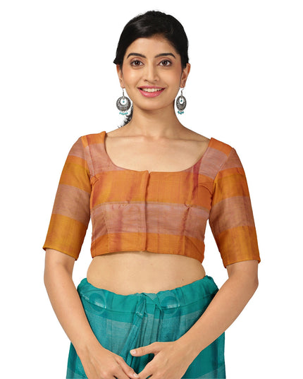 Turquoise Green Checked Butta Pattern Pure Soft Silk Saree with Contrast Copper Zari Border, 5.5 Meters with Blouse, Handwoven Origin India-D22749