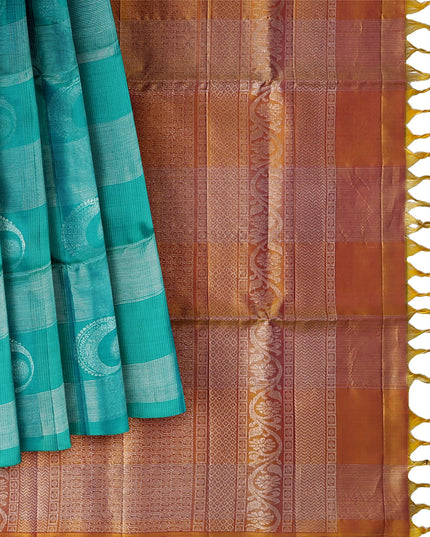 Turquoise Green Checked Butta Pattern Pure Soft Silk Saree with Contrast Copper Zari Border, 5.5 Meters with Blouse, Handwoven Origin India-D22749