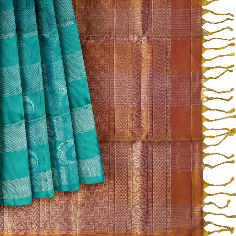 Turquoise Green Checked Butta Pattern Pure Soft Silk Saree with Contrast Copper Zari Border, 5.5 Meters with Blouse, Handwoven Origin India-D22749