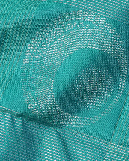 Turquoise Green Checked Butta Pattern Pure Soft Silk Saree with Contrast Copper Zari Border, 5.5 Meters with Blouse, Handwoven Origin India-D22749