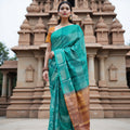 Turquoise Green Checked Butta Pattern Pure Soft Silk Saree with Contrast Copper Zari Border, 5.5 Meters with Blouse, Handwoven Origin India-D22749