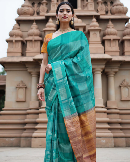Turquoise Green Checked Butta Pattern Pure Soft Silk Saree with Contrast Copper Zari Border, 5.5 Meters with Blouse, Handwoven Origin India-D22749