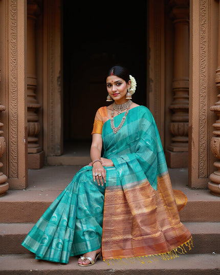Turquoise Green Checked Butta Pattern Pure Soft Silk Saree with Contrast Copper Zari Border, 5.5 Meters with Blouse, Handwoven Origin India-D22749