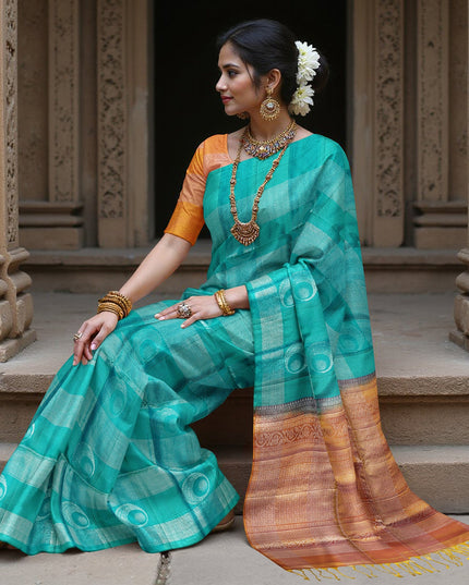 Turquoise Green Checked Butta Pattern Pure Soft Silk Saree with Contrast Copper Zari Border, 5.5 Meters with Blouse, Handwoven Origin India-D22749