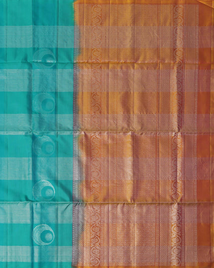 Turquoise Green Checked Butta Pattern Pure Soft Silk Saree with Contrast Copper Zari Border, 5.5 Meters with Blouse, Handwoven Origin India-D22749